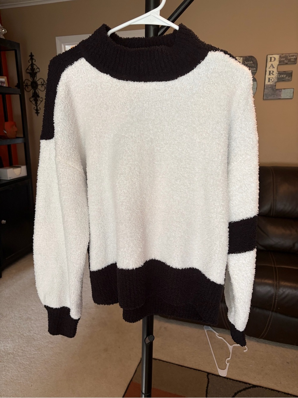 Karl Lagerfeld Paris Fuzzy Colorblock Mock Neck Sweater Black Ivory Size L